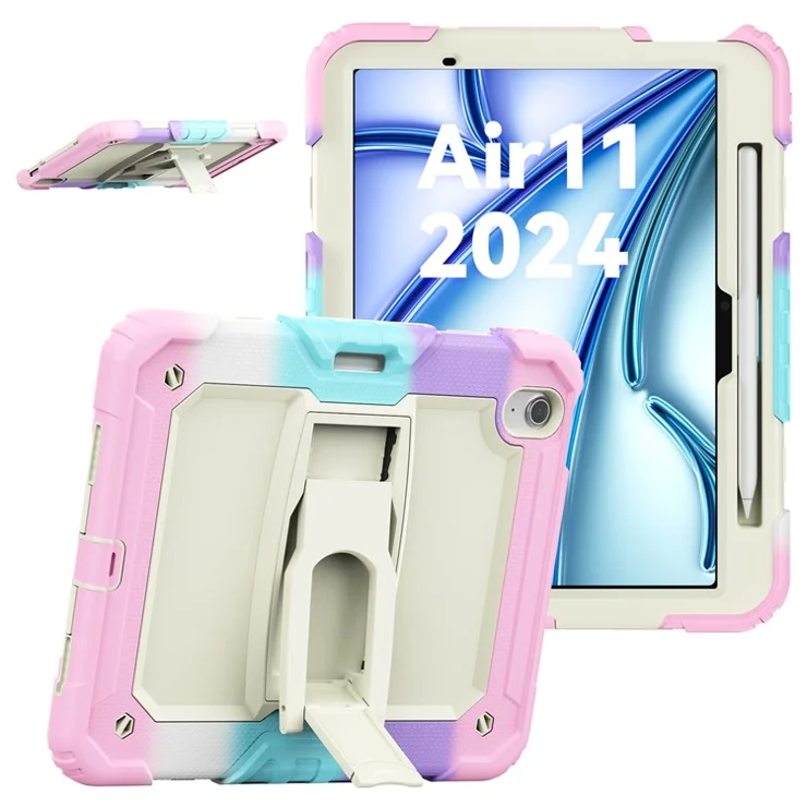 For iPad Air 11 (2025) / (2024) Case PC+Silicone Kickstand Pen Slot Tablet Cover with Shoulder Strap - Camo Pink