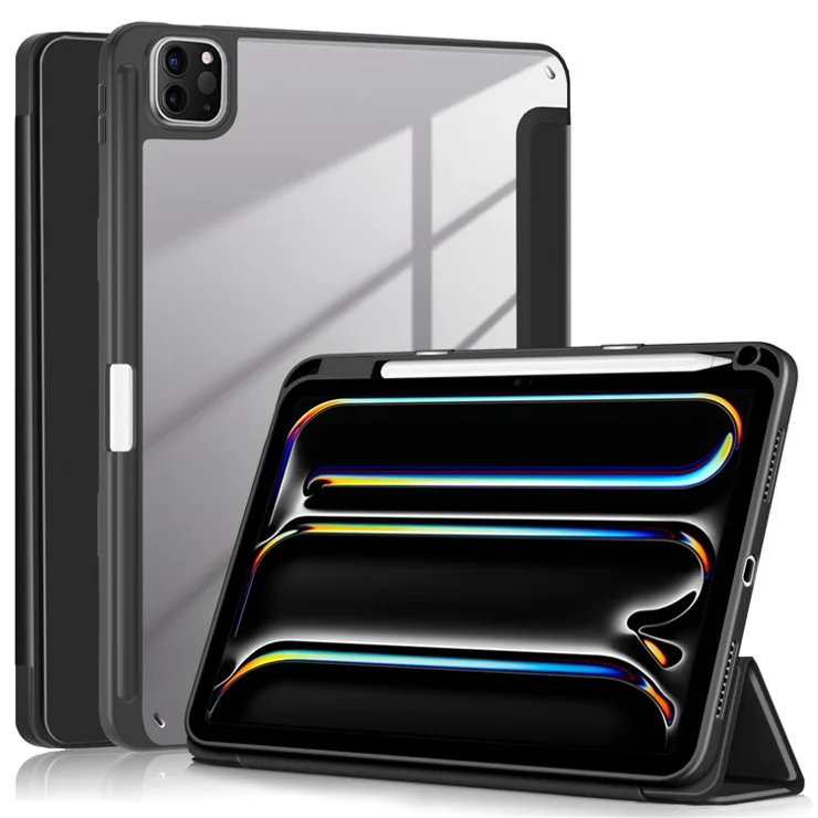 For iPad Pro 11 (2024) Case PU Leather Tri-Fold Stand Tablet Cover Clear Back Auto Wake / Sleep - Black