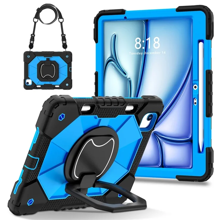 For iPad Air 11 (2025) / (2024) Case with Shoulder Strap Silicone+PC Kickstand Tablet Cover - Black+Blue