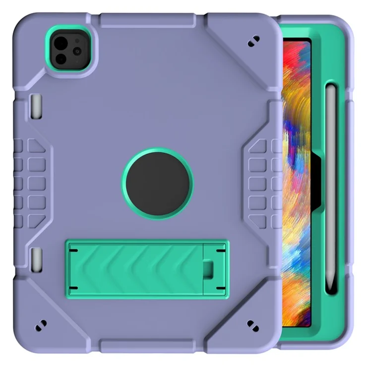For iPad Pro 11 (2024) M4 Case Kickstand PC+TPU Protective Tablet Cover with Pen Slot - Purple+Mint Green