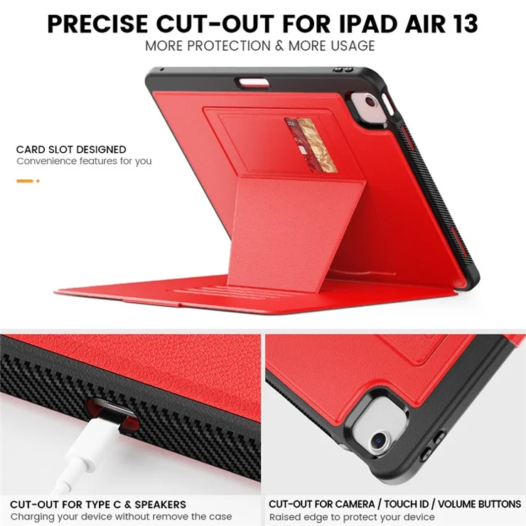 Style B For iPad Air 13 (2025) / (2024) Stand Case PC+TPU+PU Card Slots Tablet Cover Auto Wake / Sleep - Red