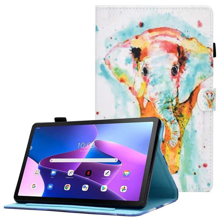 PU Leather Stand Tablet Case for Lenovo Tab M10 Plus (3rd Gen) / Xiaoxin Pad 2022 10.6 inch, Stitching Pattern Printing Card Holder Cover - Watercolor Elephant
