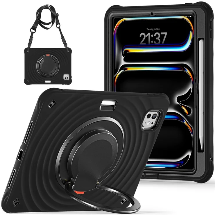For iPad Pro 11 (2024) Case with Shoulder Strap Kickstand PC+Silicone+TPU Tablet Cover - Black