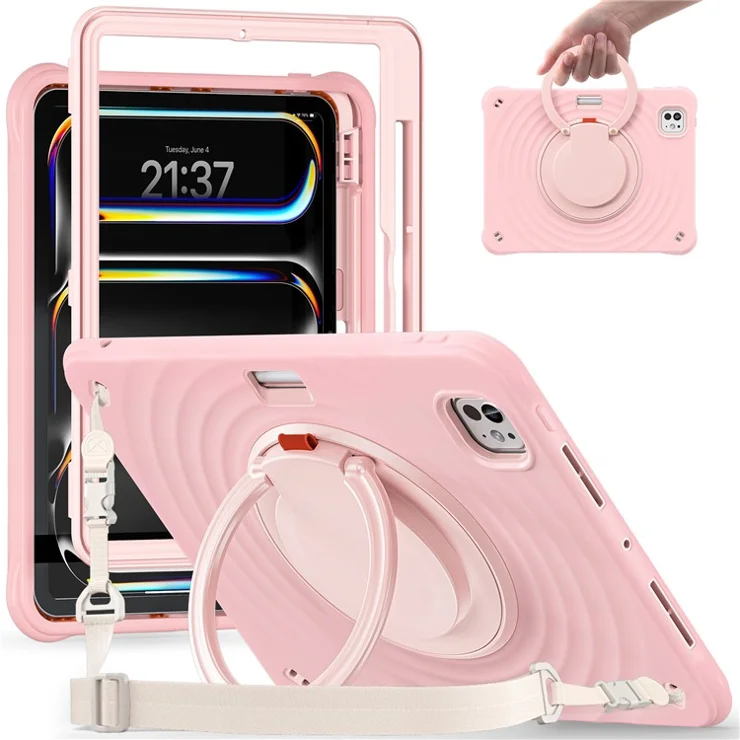 For iPad Pro 11 (2024) Case with Shoulder Strap Kickstand PC+Silicone+TPU Tablet Cover - Pink