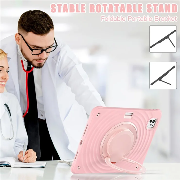 For iPad Pro 11 (2024) Case Rotatable Hand Grip Kickstand PC+Silicone+TPU Tablet Cover - Pink