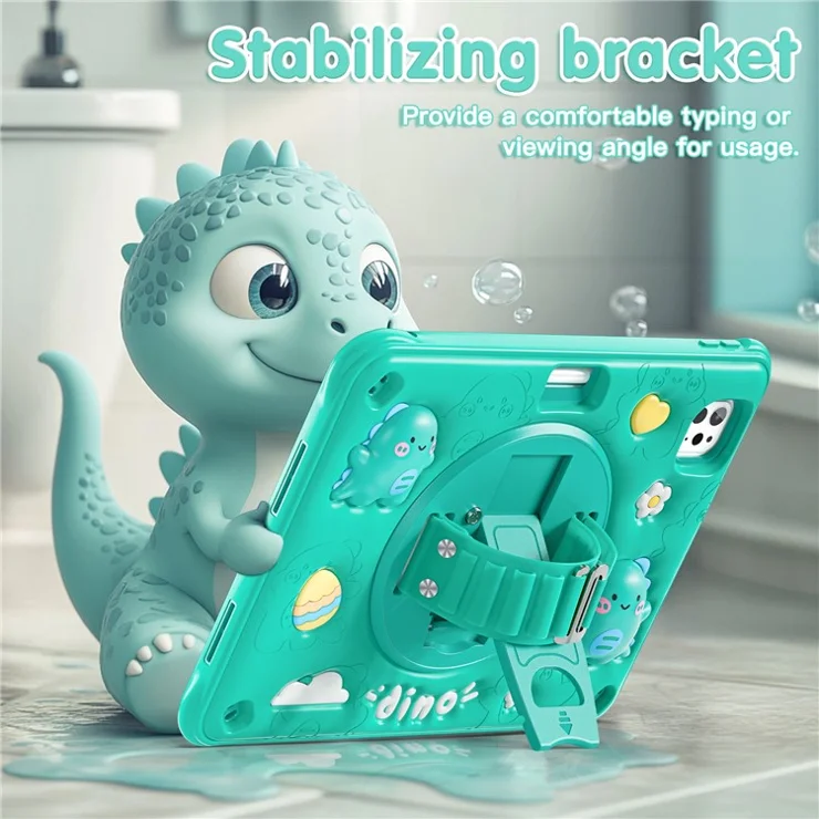 For iPad Pro 11 (2024) Case Cartoon Dinosaur Hand Strap Kickstand PC+Silicone+TPU Cover