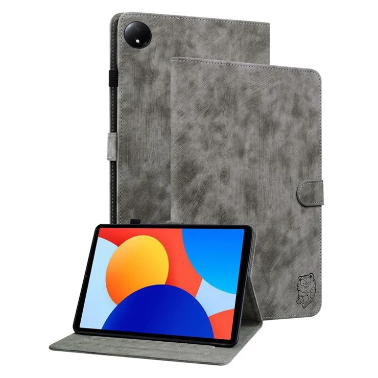 For Xiaomi Redmi Pad SE 4G 8.7 inch Cases Tiger Imprint Anti-Scratch PU Leather Tablet Cover - Grey