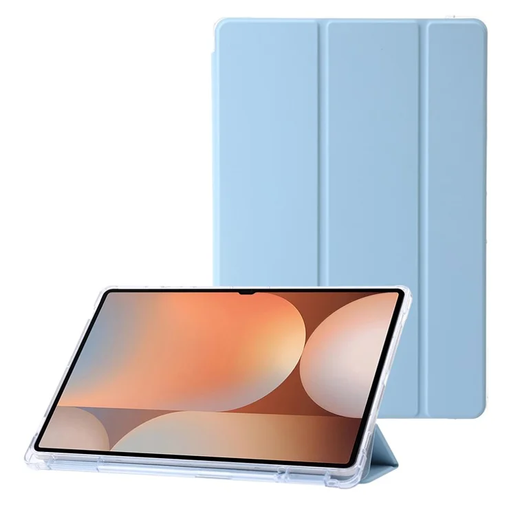 For Samsung Galaxy Tab S10 Ultra Case Tri-Fold Stand Leather+TPU+Acrylic Clear Back Tablet Cover - Baby Blue