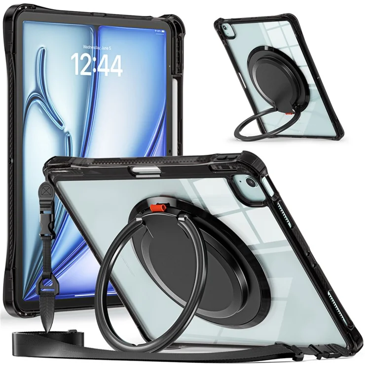 For iPad Air 13 (2025) / (2024) / Pro 12.9 (2022) / (2021) / (2020) / (2018) Case with Shoulder Strap Kickstand Tablet Cover - Black