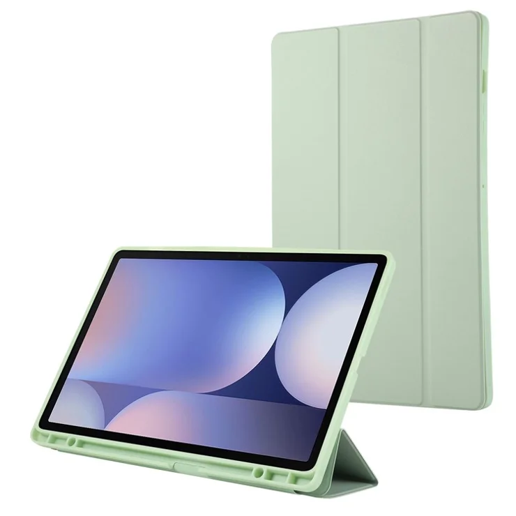 For Samsung Galaxy Tab S10+ Case with Pen Slot Solid Color Tri-Fold Stand PU Leather+TPU Tablet Cover - Green