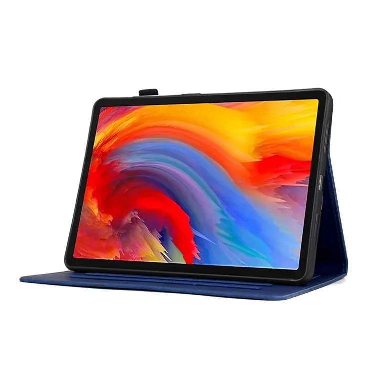 For Amazon Fire 7 (2022) Case Flower Bird Imprinted Card Holder Leather Tablet Cover - Dark Blue