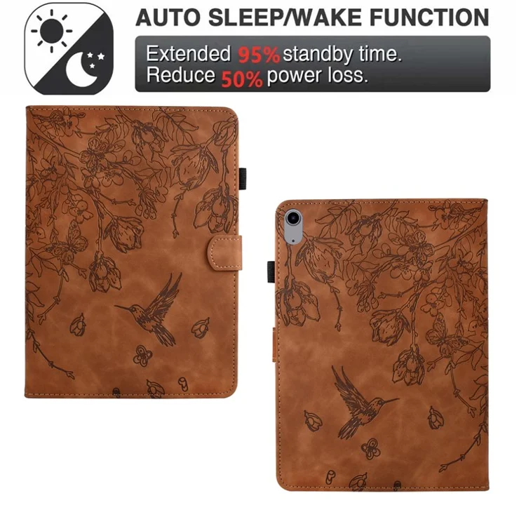 For iPad (2025) / 10.9 (2022) Case Flower Bird Imprinted Card Holder Leather Tablet Cover - Brown