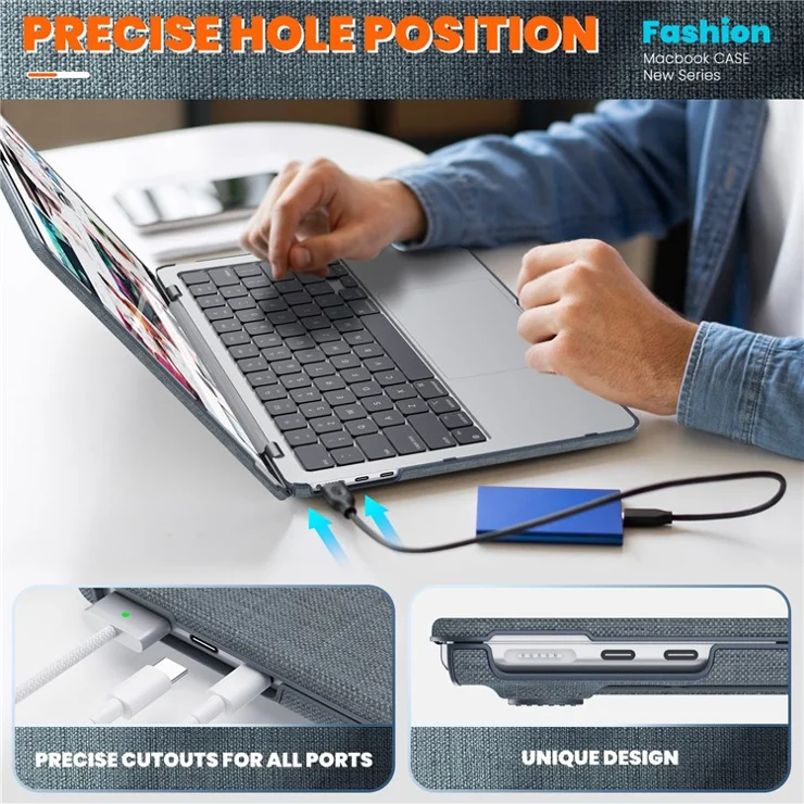 For MacBook Air 13 inch (2025) / (2024) M3 A3113 / (2022) M2 A2681 Laptop Case Anti-Slip PC+Cloth Flip Cover - Grey