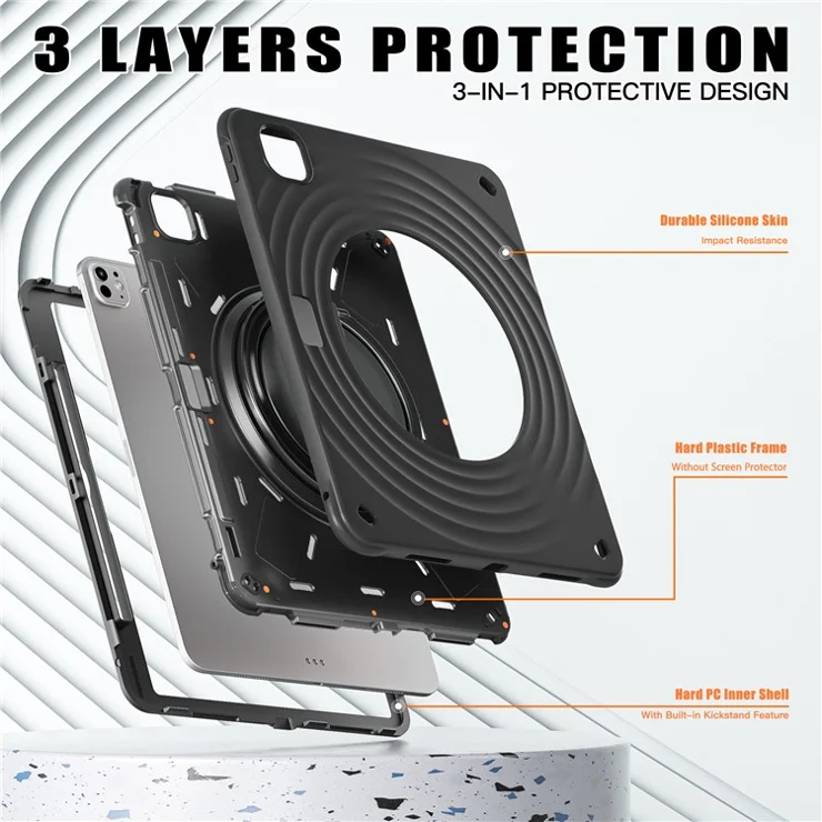 For iPad Pro 13 (2024) Case with Shoulder Strap Kickstand PC+Silicone+TPU Tablet Cover - Black