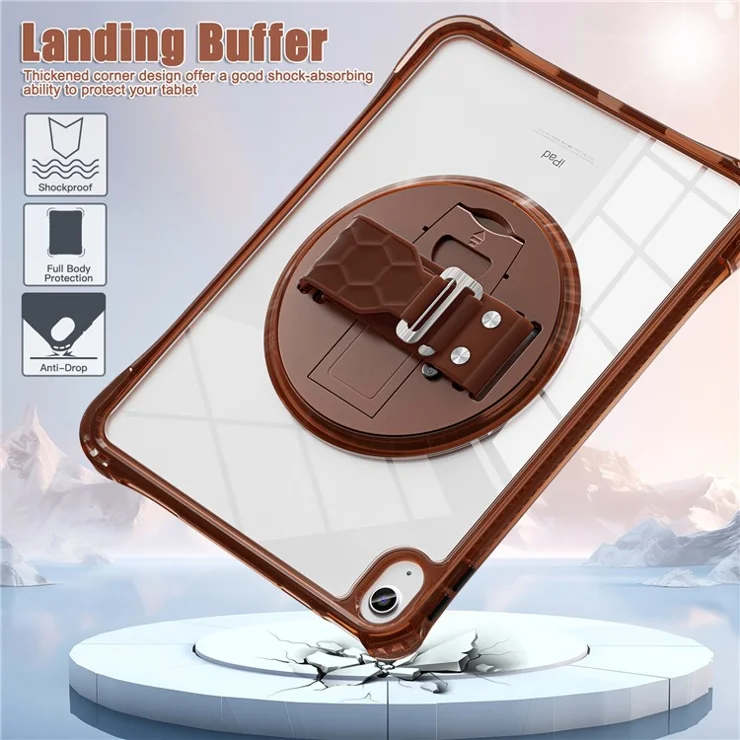 For iPad (2025) / 10.9 (2022) Case Hand Strap Kickstand PC+TPU+Acrylic Clear Tablet Cover - Chocolate Color