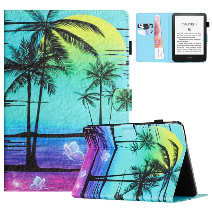 For Amazon Kindle Paperwhite (2024) Case Leather Card Holder Stand E-Reader Cover - Coconut Tree