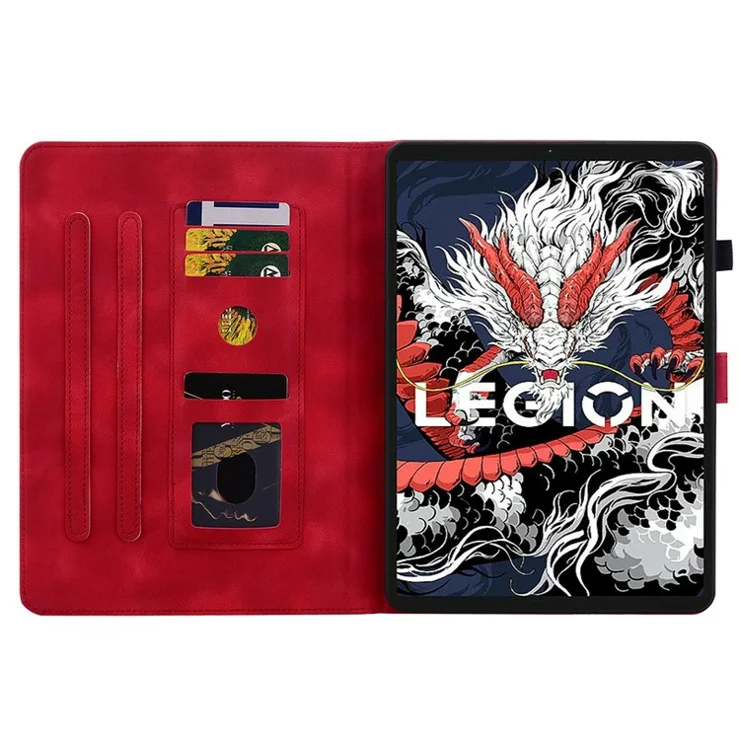 For Lenovo Legion Y700 (2025) Case Lily Flower Imprint Card Slots Leather Tablet Cover - Red