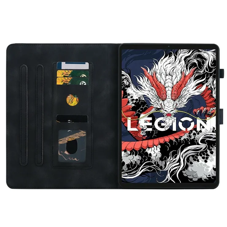 For Lenovo Legion Y700 (2025) Case Lily Flower Imprint Card Slots Leather Tablet Cover - Black