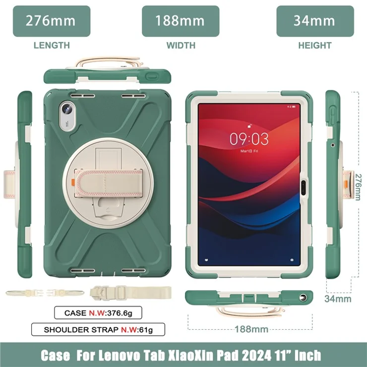 Tablet Case with Shoulder Strap for Lenovo Tab M11 TB-330FU 331FC / Tab K11 TB-330XU / Xiaoxin Pad 11 2024 Kickstand Cover - Emerald Green