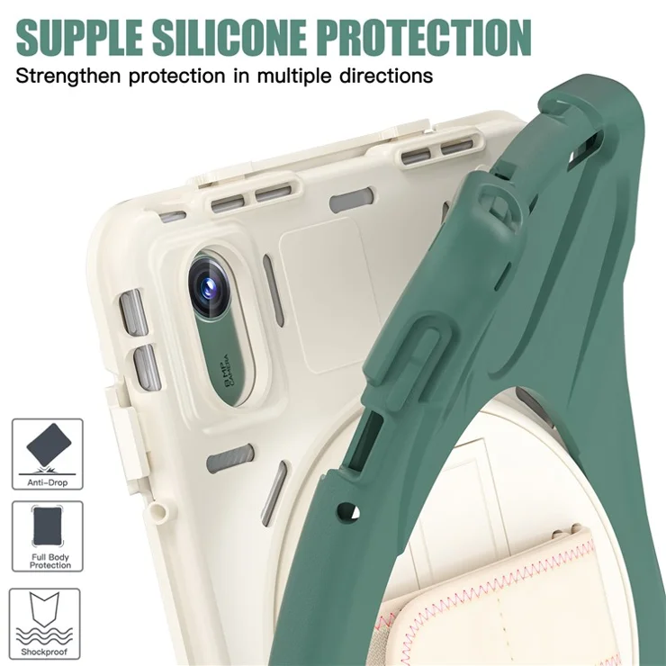 Tablet Case with Shoulder Strap for Lenovo Tab M11 TB-330FU 331FC / Tab K11 TB-330XU / Xiaoxin Pad 11 2024 Kickstand Cover - Emerald Green