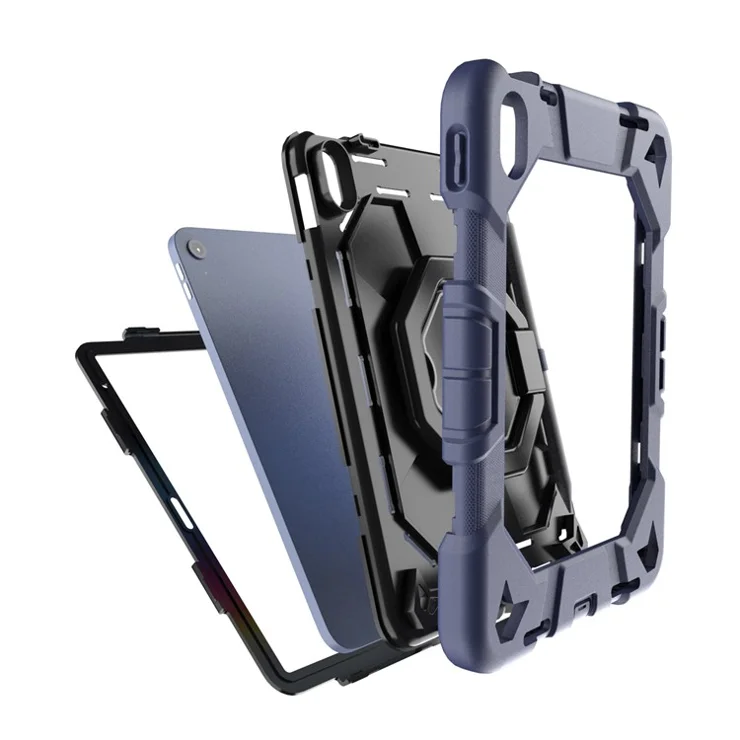 For iPad (2025) / 10.9 (2022) Case with Hand Grip Kickstand PC + Silicone Tablet Cover - Navy Blue + Black