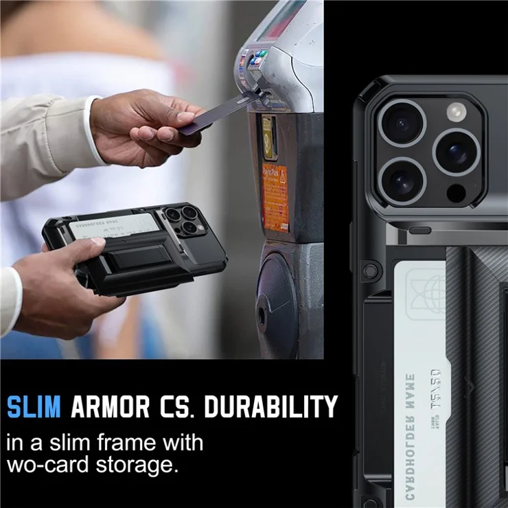 For iPhone 16 Pro Case TPU + PC Armor Shockproof Phone Cover with Card Holder - Black