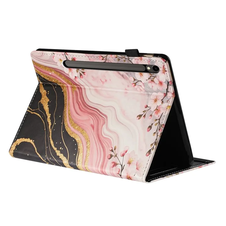 For Samsung Galaxy Tab S10 FE / S9 FE / S9 Tablet Case Litchi Texture Pattern Printing Leather Cover with Card Holder - Marble Flower