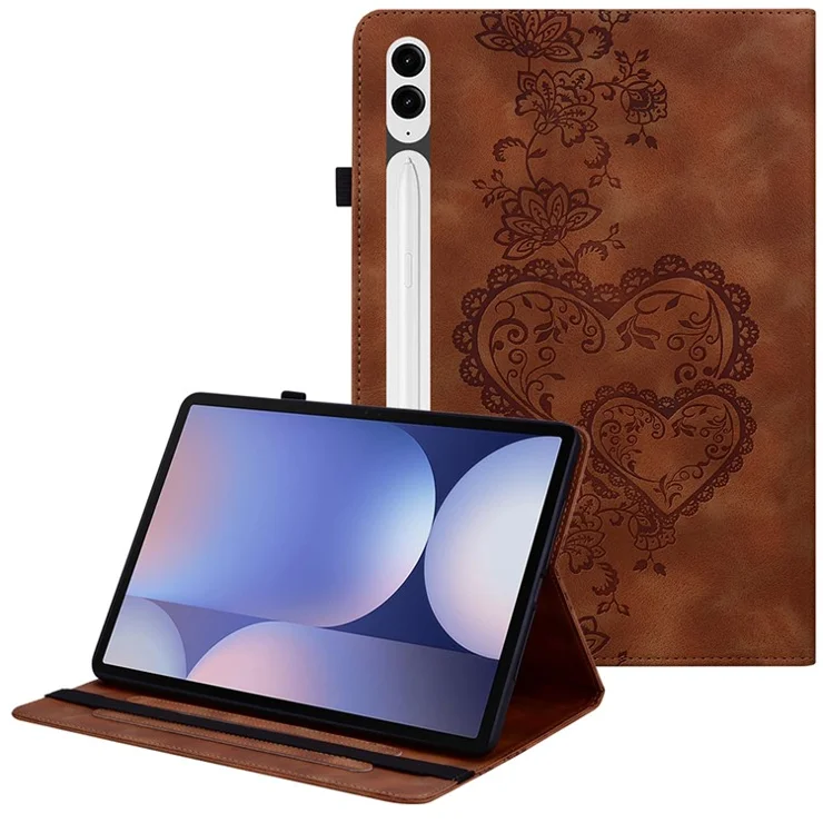 Leather Case For Samsung Galaxy Tab S10+ / S9 FE+ / S9+ Heart Imprint Foldable Stand Card Slot Stylus Holder Tablet Cover - Brown