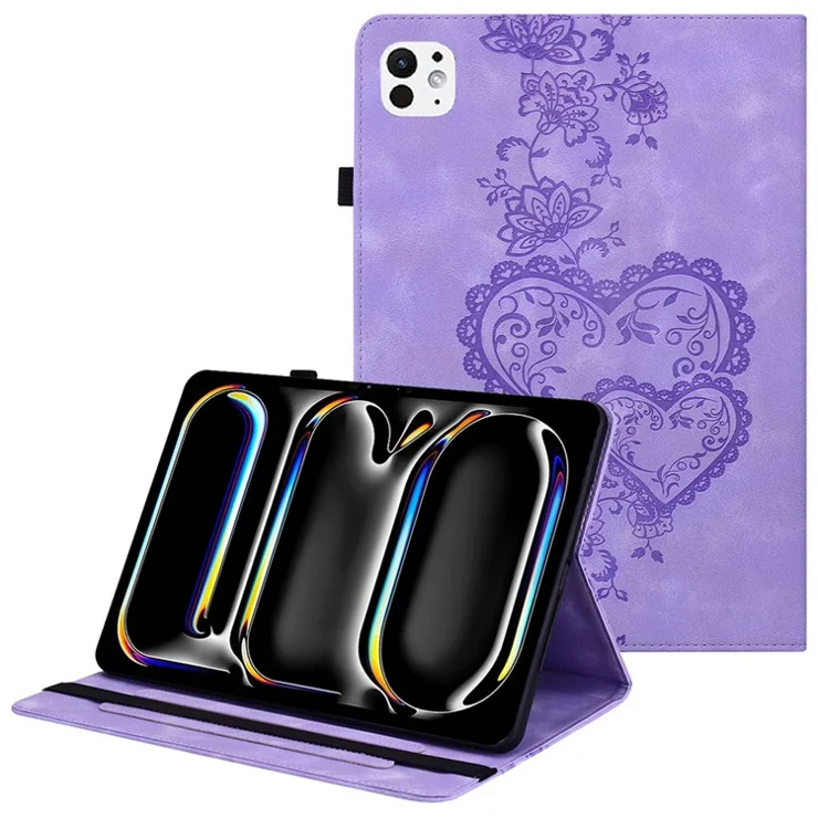 For iPad Pro 13 (2024) Leather Case Heart Imprint Foldable Stand Card Slot Stylus Holder Tablet Cover - Purple