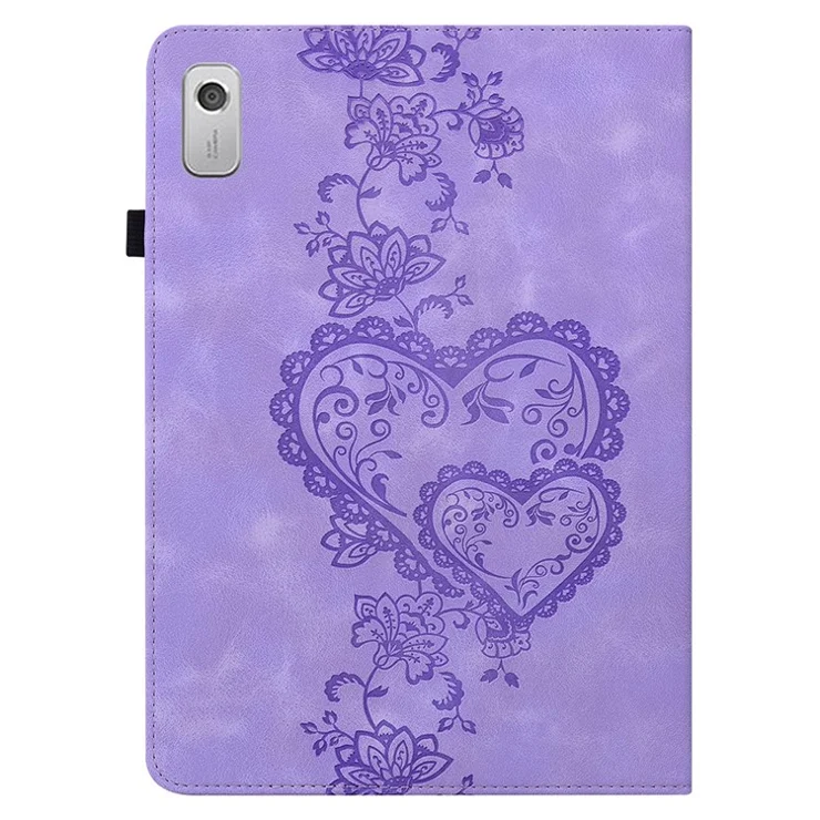 For Lenovo Tab M9 Leather Case Heart Imprint Foldable Stand Card Slot Stylus Holder Tablet Cover - Purple