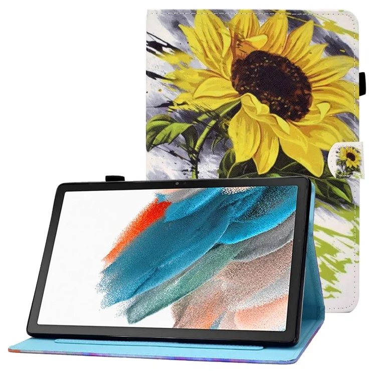 For Samsung Galaxy Tab A8 10.5 (2021) SM-X200 / X205 / Tab A8 10.5 (2022) PU Leather Pattern Printing Cover Smart Folio Stand Stitching Case with Card Slots and Pencil Holder - Sunflower