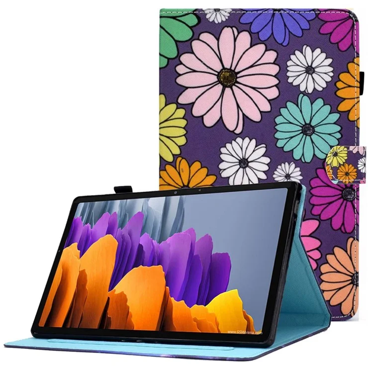 For Samsung Galaxy Tab S7 SM-T870 / T875 / S8 SM-X700 / X706 Pattern Printing PU Leather Magnetic Cover Card Slots Stand Design Stitching Case with Pencil Holder - Daisies