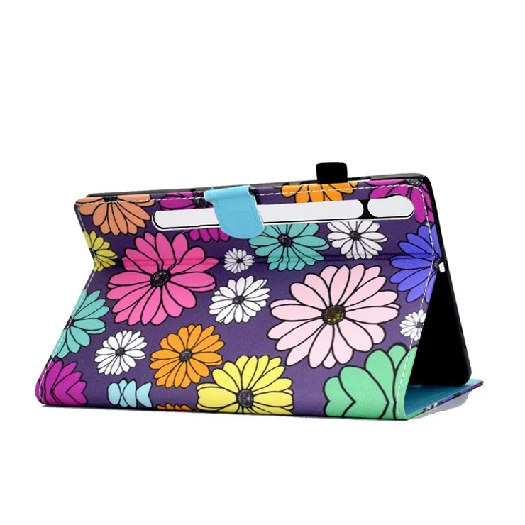 For Samsung Galaxy Tab S7 SM-T870 / T875 / S8 SM-X700 / X706 Pattern Printing PU Leather Magnetic Cover Card Slots Stand Design Stitching Case with Pencil Holder - Daisies