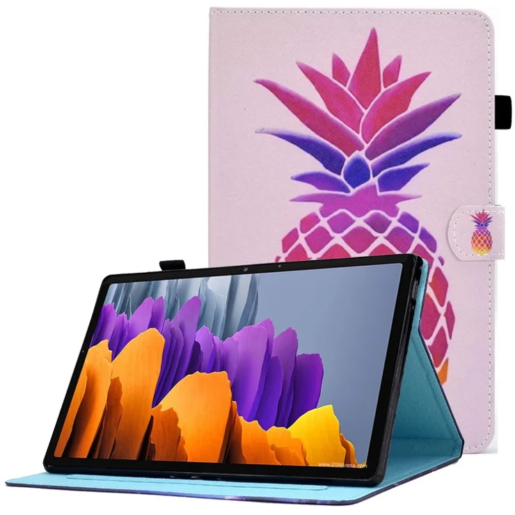 For Samsung Galaxy Tab S7 SM-T870 / T875 / S8 SM-X700 / X706 Pattern Printing PU Leather Magnetic Cover Card Slots Stand Design Stitching Case with Pencil Holder - Pink Pineapple