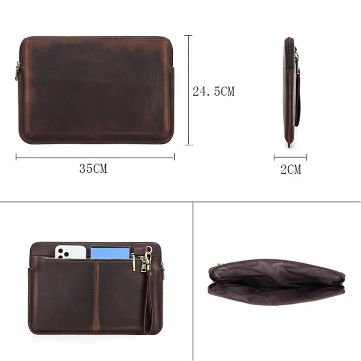 For MacBook Air 13 inch (2022) A2681 Carrying Pouch Cowhide Leather Zipper Storage Bag - Brown