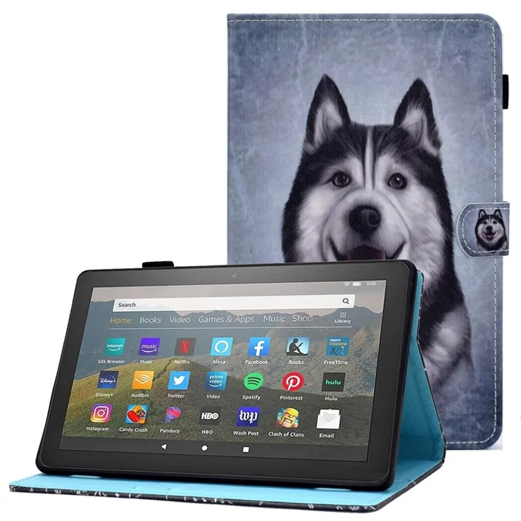 For Amazon Fire HD 8 (2016) / (2017) / (2018) Shockproof Cover Anti-Scratch Leather Case Stitched Pattern Printed Magnetic Closure Tablet Stand Case with Wallet / Card Slots - Husky