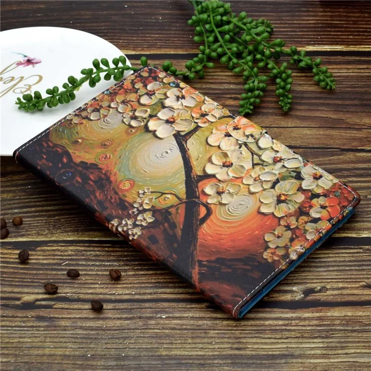 For Samsung Galaxy Tab A 8.0 (2019) SM-T290 (Wi-Fi) / SM-T295 (LTE) Pattern Printing Stitching Line Tablet Case PU Leather Card Slots Flip Stand Cover - Plum Blossom