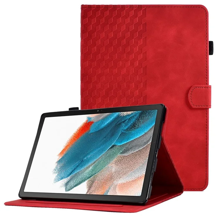 For Samsung Galaxy Tab A8 10.5 (2021) (X200 / X205) / Tab A8 10.5 (2022) Protective Case Stitching Pattern Imprinted Anti-Fall Cover Solid Color Auto Wake / Sleep Tablet Case with Card Slots / Stand - Red