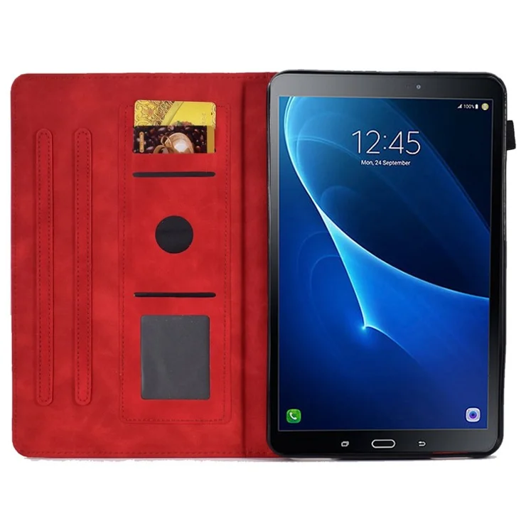 For Samsung Galaxy Tab A 10.1 (2016) T580 Smart Tablet Case Imprinted Pattern Leather Dustproof Solid Color Stand Cover with Card Slots - Red