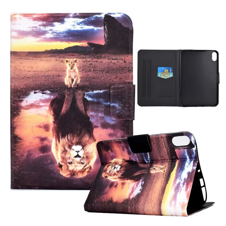 For iPad (2025) / 10.9 (2022) Pattern Printing Tablet Case PU Leather Stand Smart Cover with Card Holder - Lion / Leopard