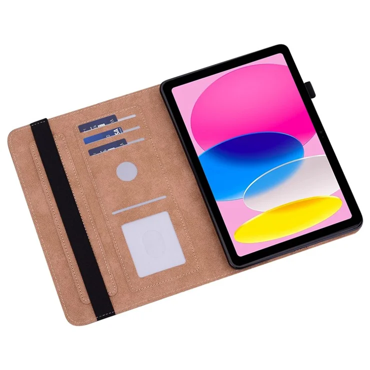 Auto Wake / Sleep Tablet Case for iPad (2025) / 10.9 (2022) Line Imprinted PU Leather Card Holder Stand Cover with Elastic Band - Black