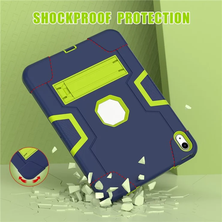 For iPad (2025) / 10.9 (2022) Robot Style Silicone + PC Tablet Case Color Contrast Anti-Fall Kickstand Protective Case - Navy Blue / Yellowgreen