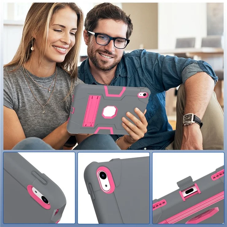 For iPad (2025) / 10.9 (2022) Robot Style Silicone + PC Tablet Case Color Contrast Anti-Fall Kickstand Protective Case - Grey / Rose