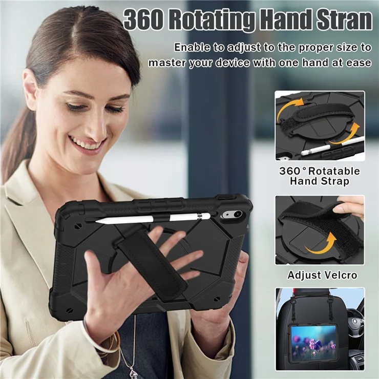 Shockproof Tablet Case for iPad (2025) / 10.9 (2022) / Air (2020) / Air (2022) PC + Silicone Kickstand Cover with Hand Strap - All Black