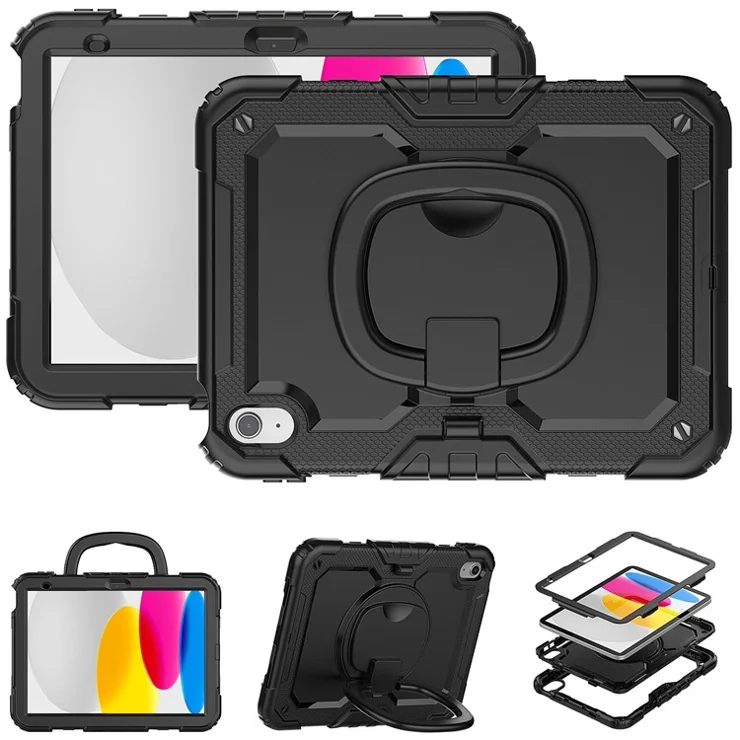 Shockproof Drop-Proof Tablet Case for iPad (2025) / 10.9 (2022) PC + Thickened Silicone Kickstand Cover with Hand Grip - All Black