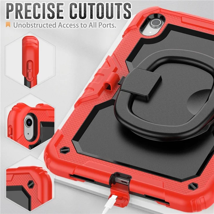 Shockproof Drop-Proof Tablet Case for iPad (2025) / 10.9 (2022) PC + Thickened Silicone Kickstand Cover with Hand Grip - Red Silicone