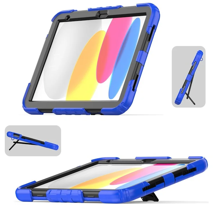 For iPad (2025) / 10.9 (2022) Silicone+PC Protective Case Kickstand Shockproof Tablet Cover with Shoulder Strap - Black / Blue