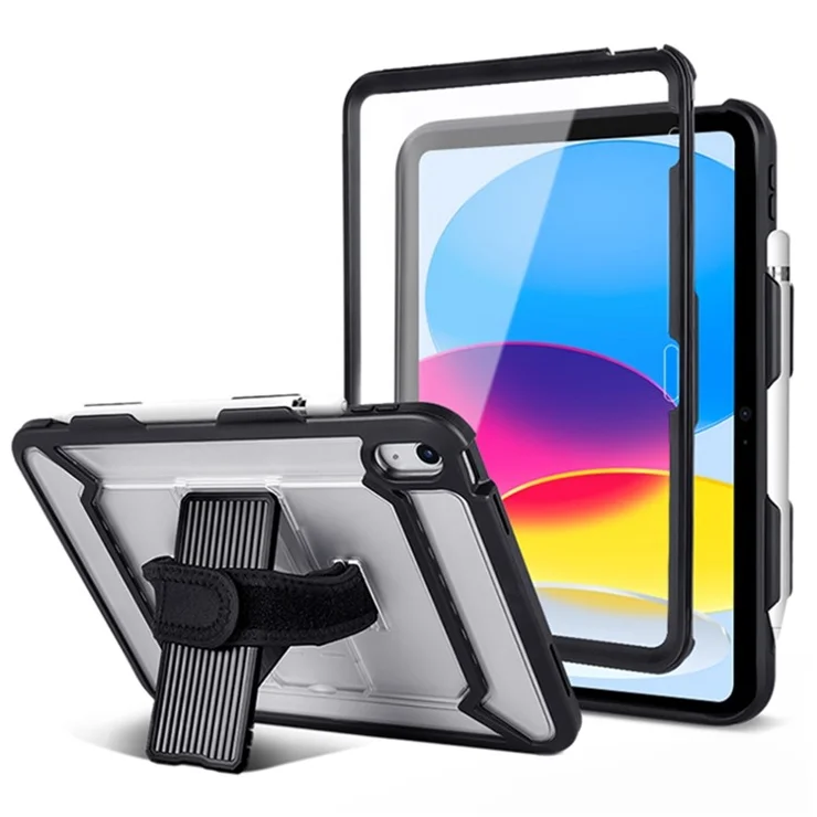 For iPad (2025) / 10.9 (2022) Tablet Cover Kickstand Case with PET Screen Film / Grip Strap / Pen Slot - Black