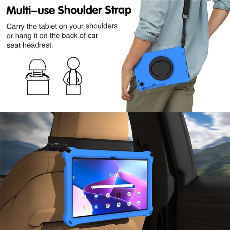 For Lenovo Tab M10 Plus (3rd Gen) / Xiaoxin Pad 2022 10.6 inch Shockproof Spider Web Texture Tablet Cover Kickstand Hand Grip Tablet Case with Shoulder Strap - Blue