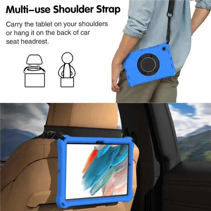 For Samsung Galaxy Tab A8 10.5 (2021) / (2022) Spider Web Texture EVA Protective Tablet Case Kickstand 360 Degree Rotation Anti-scratch Cover with Shoulder Strap - Blue